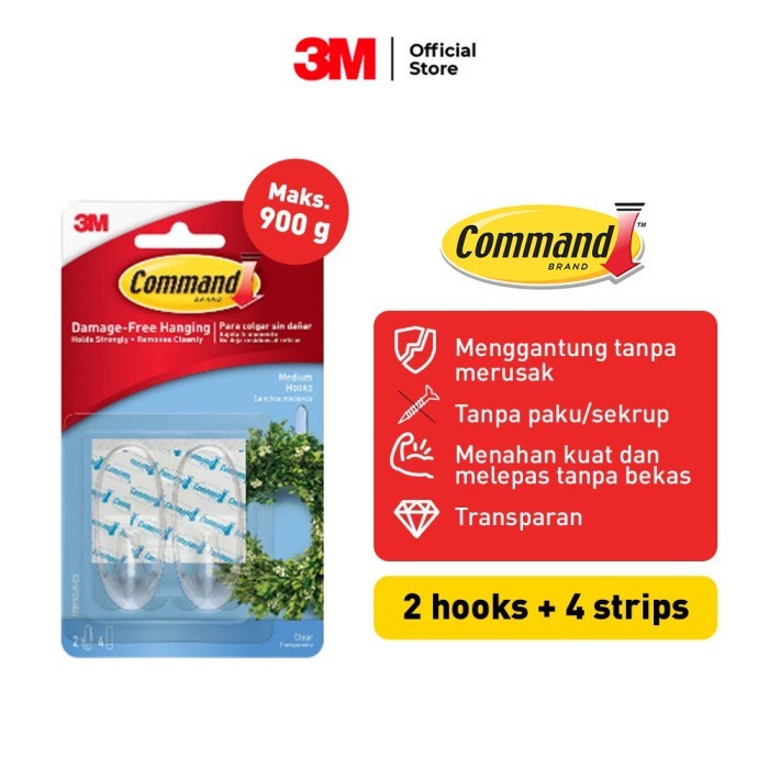 Command 3M Gantungan Clear Medium Hook dengan Perekat Kuat 17091CLR