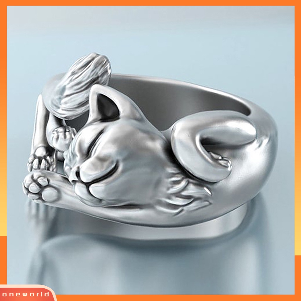 OW Vintage Unisex Sleeping Cats Silver Plated Opening Finger Ring Jewelry Gift