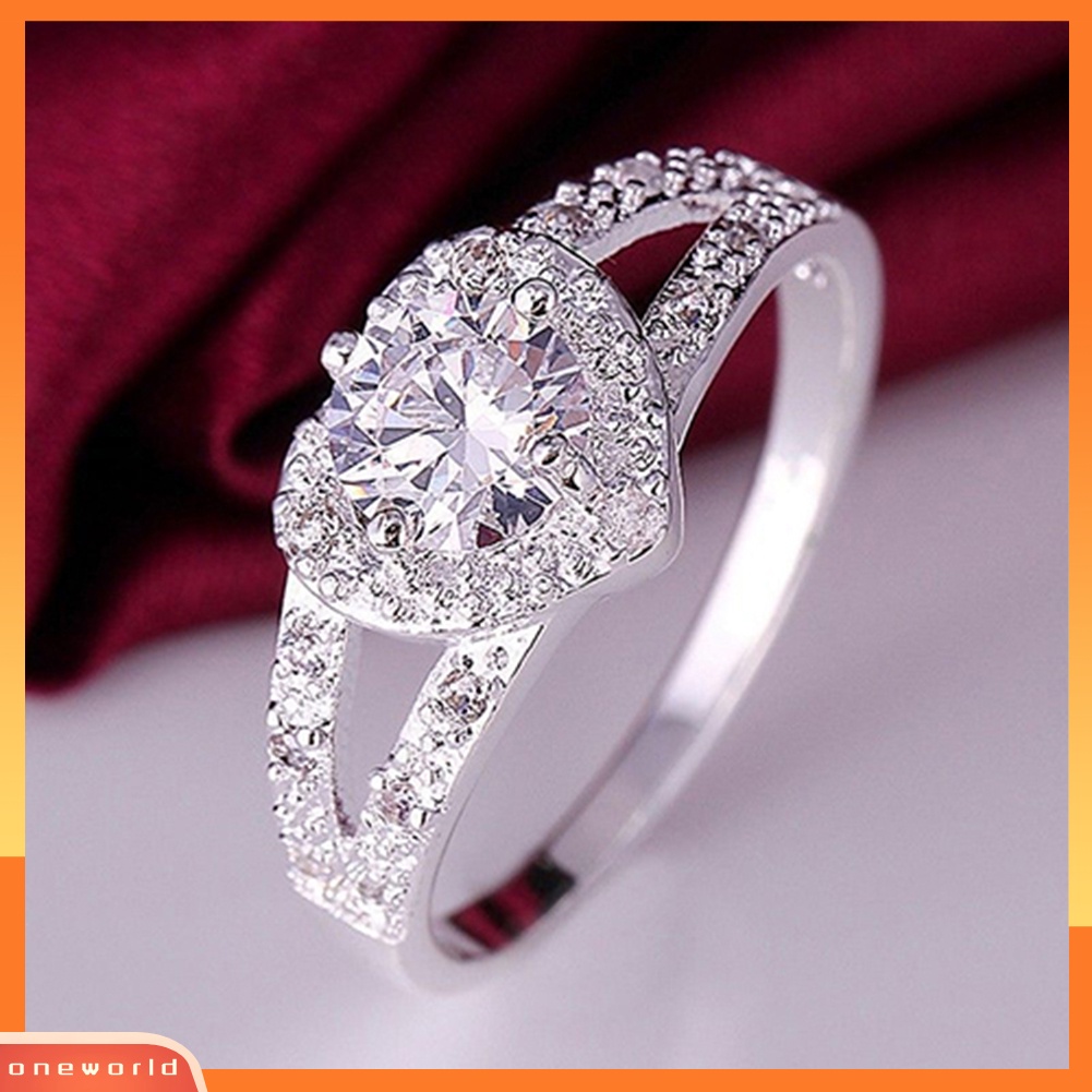 {oneworld} Wanita925 Sterling Silver Kristal Cinta Berbentuk Hati Cincin Pengantin Pernikahan Perhiasan