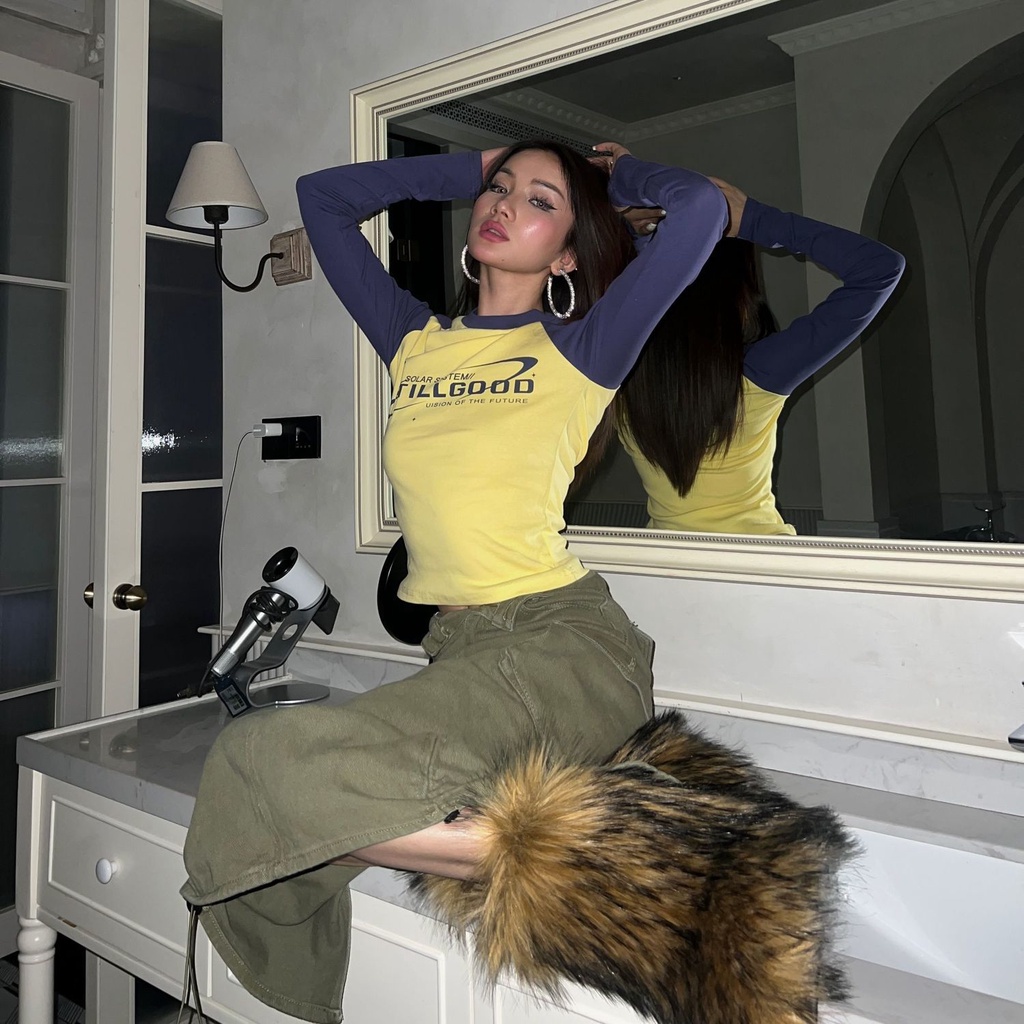 Red Y2k Atasan Huruf Amerika Retro Lengan Raglan Memukul Warna T-shirt Wanita Kemeja 2022 Slim dan Tipis Pakaian Dalam murni Keinginan