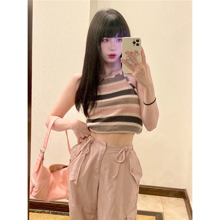 Red Merah Muda Overall Amerika Kasual Celana Pakaian Wanita Musim Panas Baru Pinggang Tinggi Kaki Lurus Desain Longgar Celana Lebar Kaki Celana