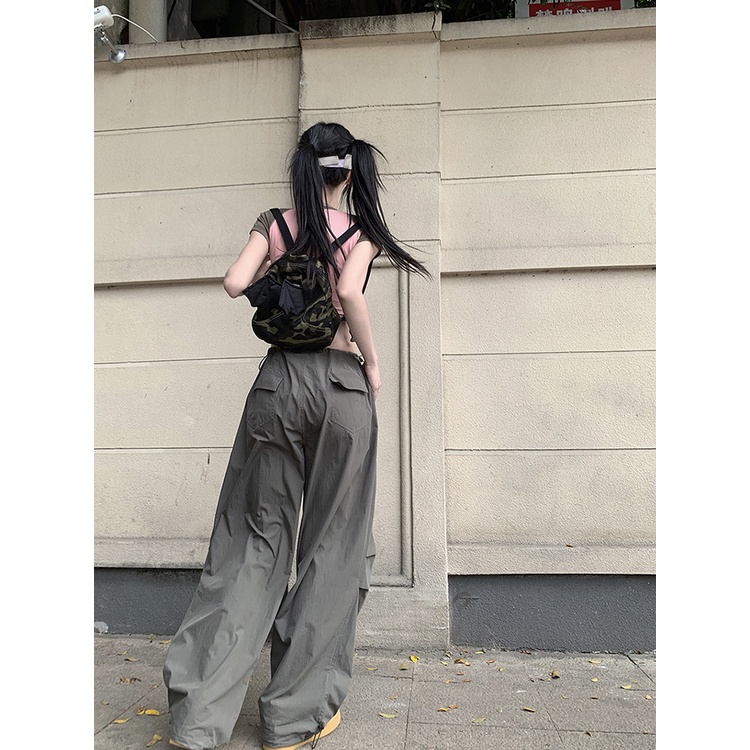 Red Gaya Amerika Overall Kasual Celana Wanita Musim Panas Baru Pinggang Tinggi Tali Retro Tabung Lurus Menggantungkan Lebar Kaki Celana longgar Celana