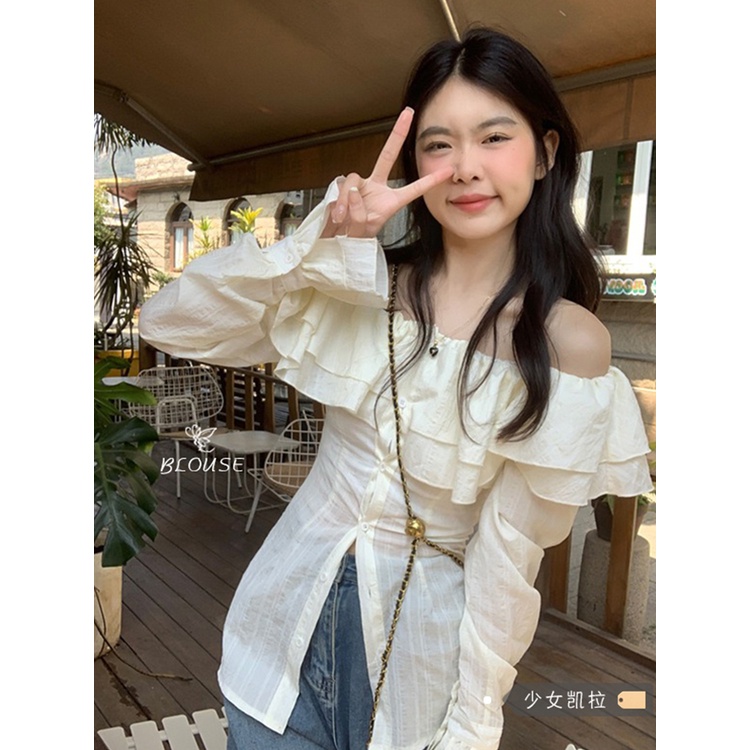 Red Ruffled one-shoulder chiffon shirt wanita musim panas Perancis temperamen pinggang kemeja pendek desain lengan panjang top