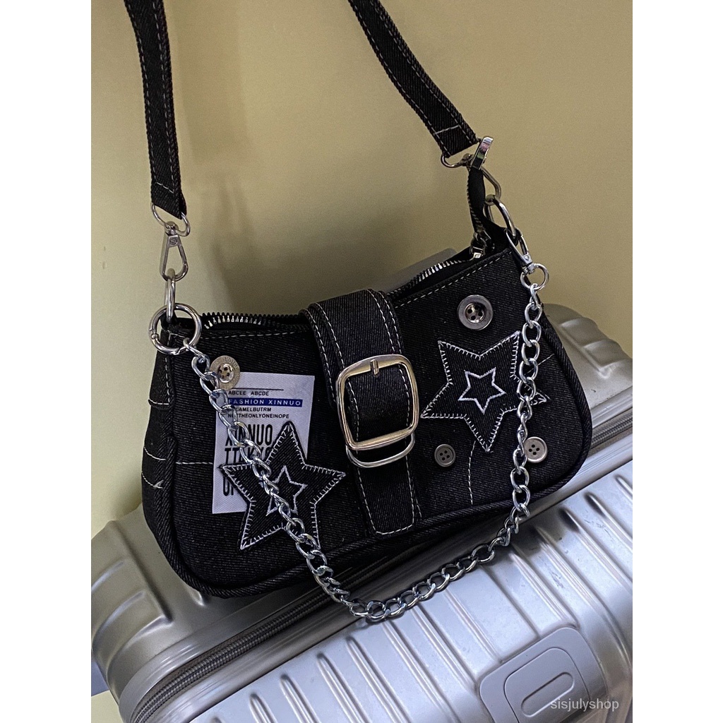 [✅BISA COD] #Sisjuly# Tas Selempang Wanita / Tas Selempang Denim Bintang Y2K Baru / Tas Rantai Wanit