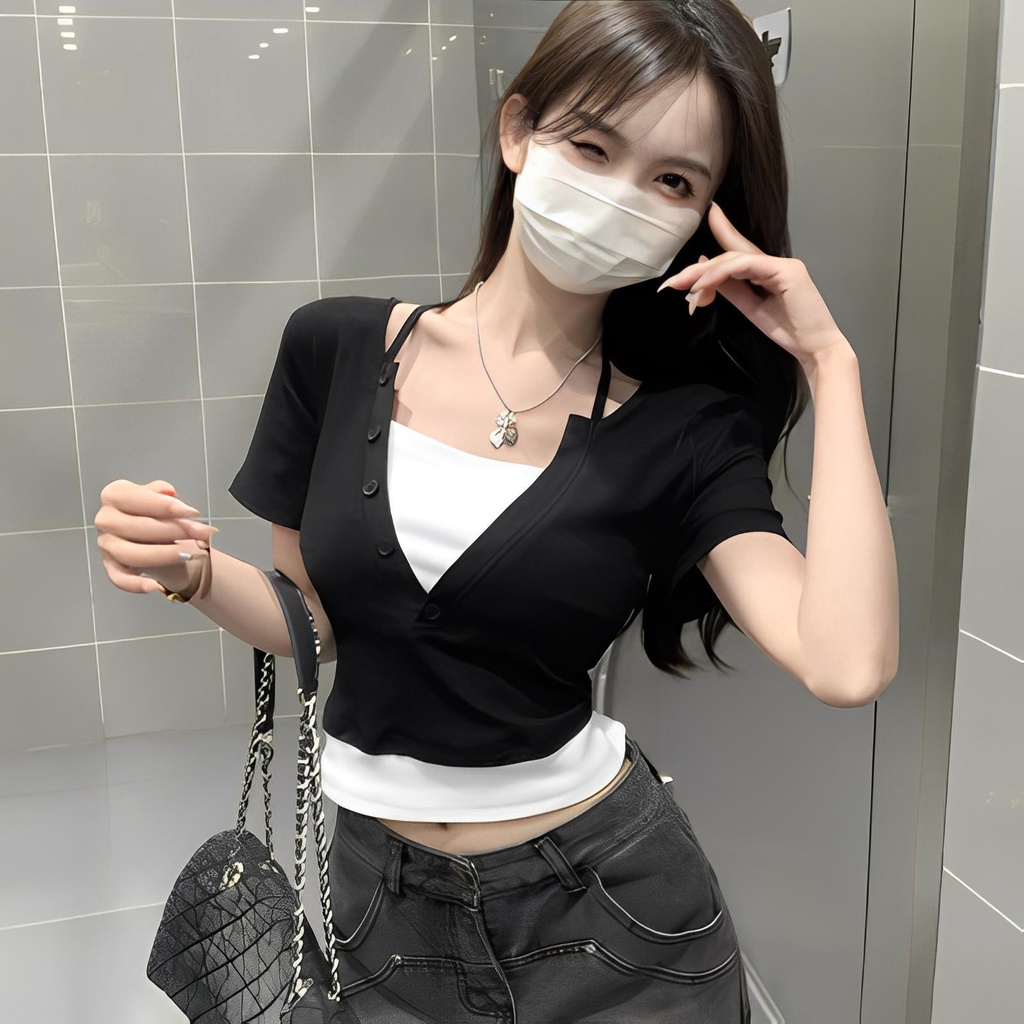 Red V-Leher Menggantung Leher Lengan Pendek T-shirt Wanita Musim Panas Versi Korea 2023 Palsu Dua Potong Rasa Desain Slim Fit dan Tipis Pendek Top