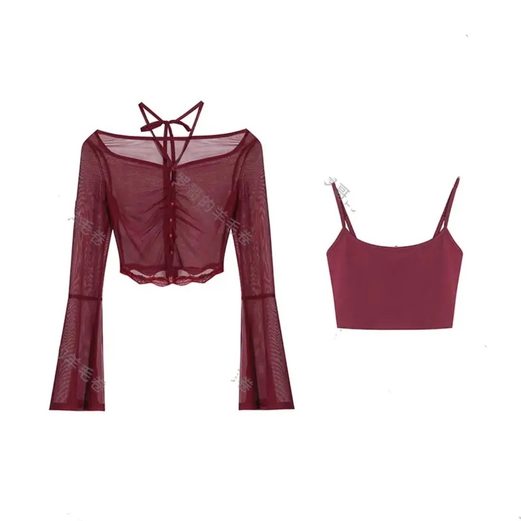 Red 2023 Musim Panas Luo Ge Hilang Gosong Seksi Keinginan Murni Menggantung Leher Top Wanita Manis Bumbu Gadis Cardigan + Suspender two-Piece Set