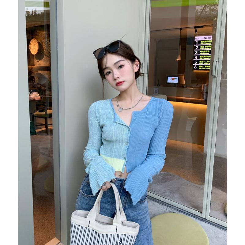 Red Design sense of pure desire style long-sleeve tight knitwear female spring hot girl blue short cardigan chic top niche