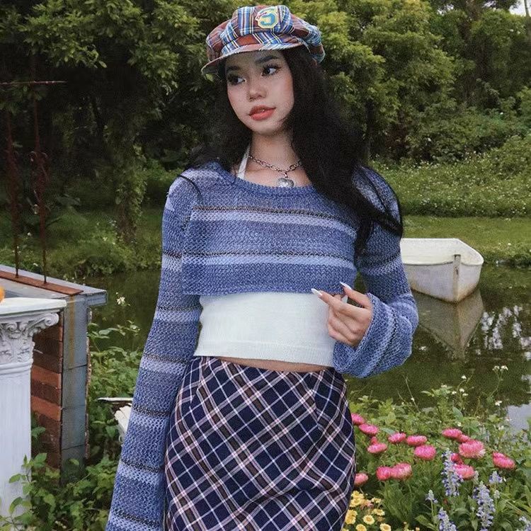 Red BeerBro Amerika Y2K hot gadis bergaris blus berongga perempuan musim panas Thailand ceruk atas setelan kamisol