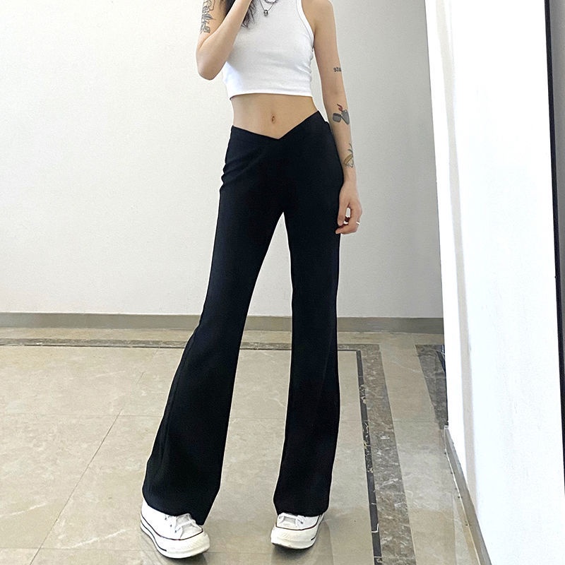 Red Rapcopter longgar slim micro boot celana wanita berbentuk V pinggang menggantungkan tabung lurus all-match kasual lebar kaki celana trendi