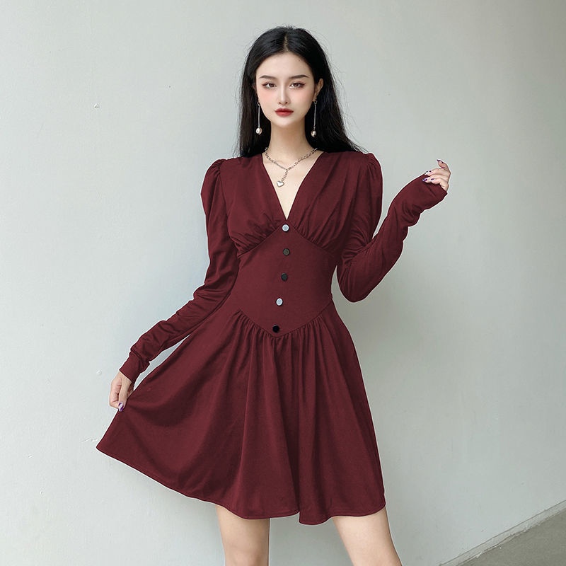 Red Rapcopter Versi Korea dari Temperamen V-Leher Lipit Gaun Pinggang Wanita Kancing Langsing Lengan Panjang Tutu Rok Tide