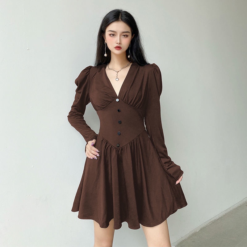 Red Rapcopter Versi Korea dari Temperamen V-Leher Lipit Gaun Pinggang Wanita Kancing Langsing Lengan Panjang Tutu Rok Tide