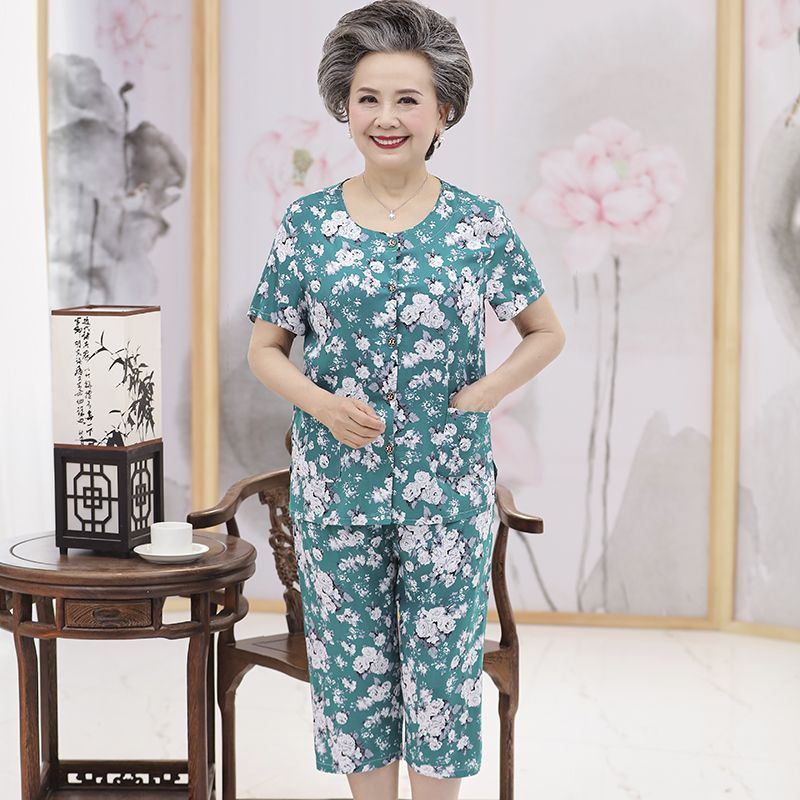 Baju nenek kardigan katun sutra setelan musim panas baju ibu baju lengan pendek baju lansia baju nen