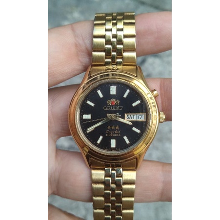 jam tangan orient 3 star gold black dial second bekas original