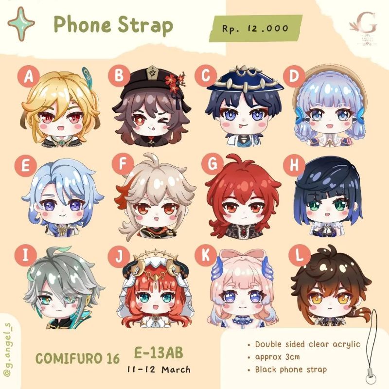 Genshin Impact Phone Strap (Kaveh, Hutao, Wanderer, Ayaka, Ayato, Kazuha, Diluc, Yelan, Al Haitham, 