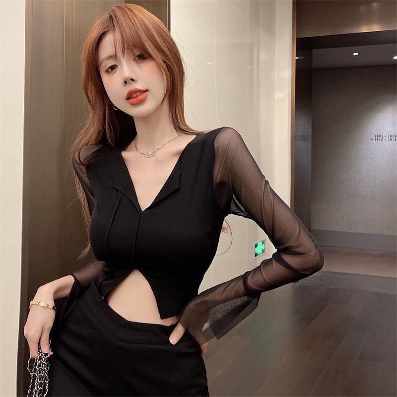 Red LRUPPG micro-permeable mesh lengan panjang splicing slim top wanita musim semi dan musim panas fashion all-match warna solid v-neck pendek T-shirt