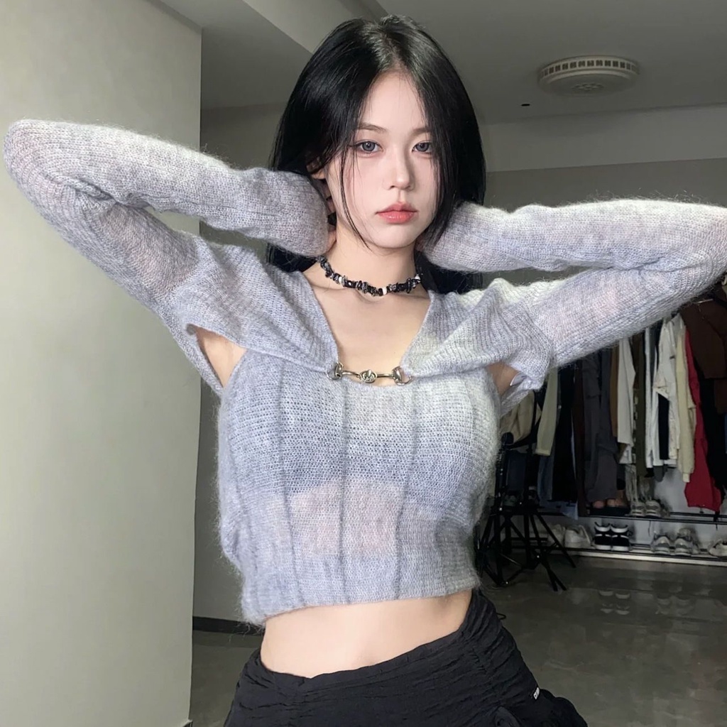 Red Jas dua potong/satu potong musim semi baru slim-fit rajutan sweater bertali selendang wanita Perancis pendek chic top