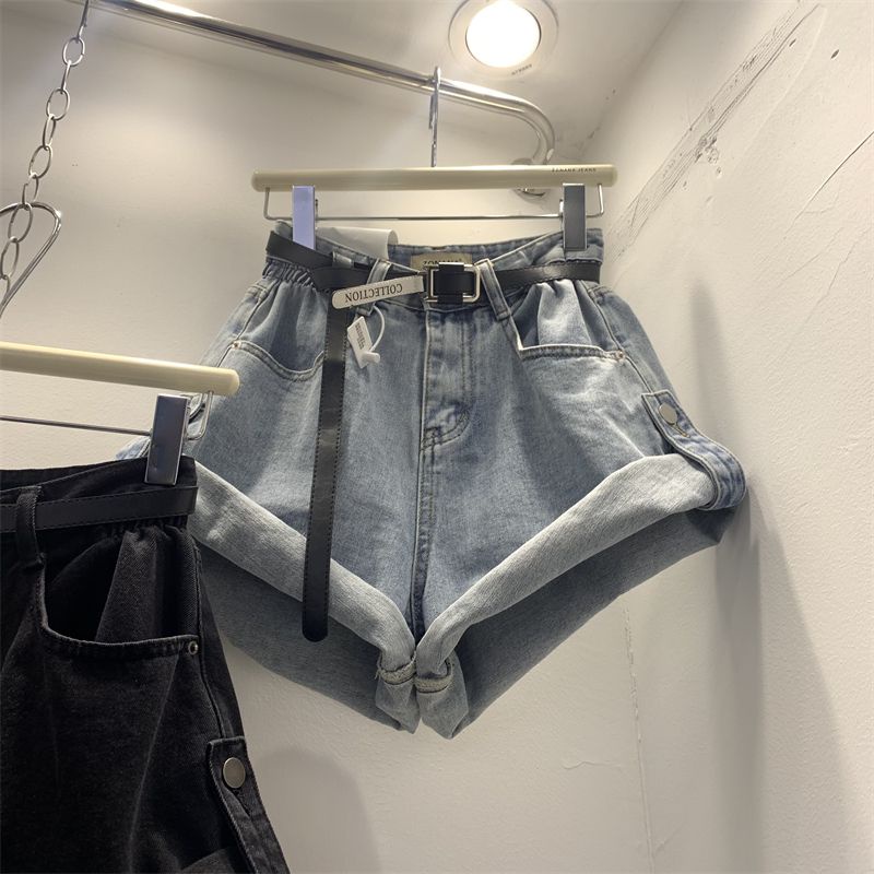 Red Korea Dongdaemun 2023 Musim Semi dan Musim Panas Baru Fashion Longgar dan Tipis dengan Sabuk Curling Kaki Lebar Pinggang Tinggi Celana Pendek Denim wanita