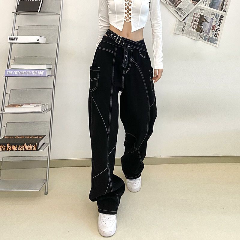 Red BIIKPIIK high street style dekorasi garis cerah jeans kepribadian desain kaki celana jalan lebar pasang