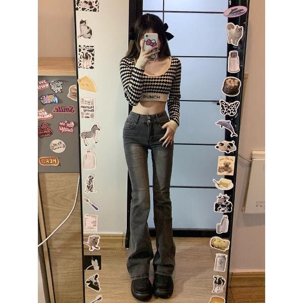 Red Smokey grey flared jeans wanita musim dingin American retro slim slim high waist straight pants high street tide ins