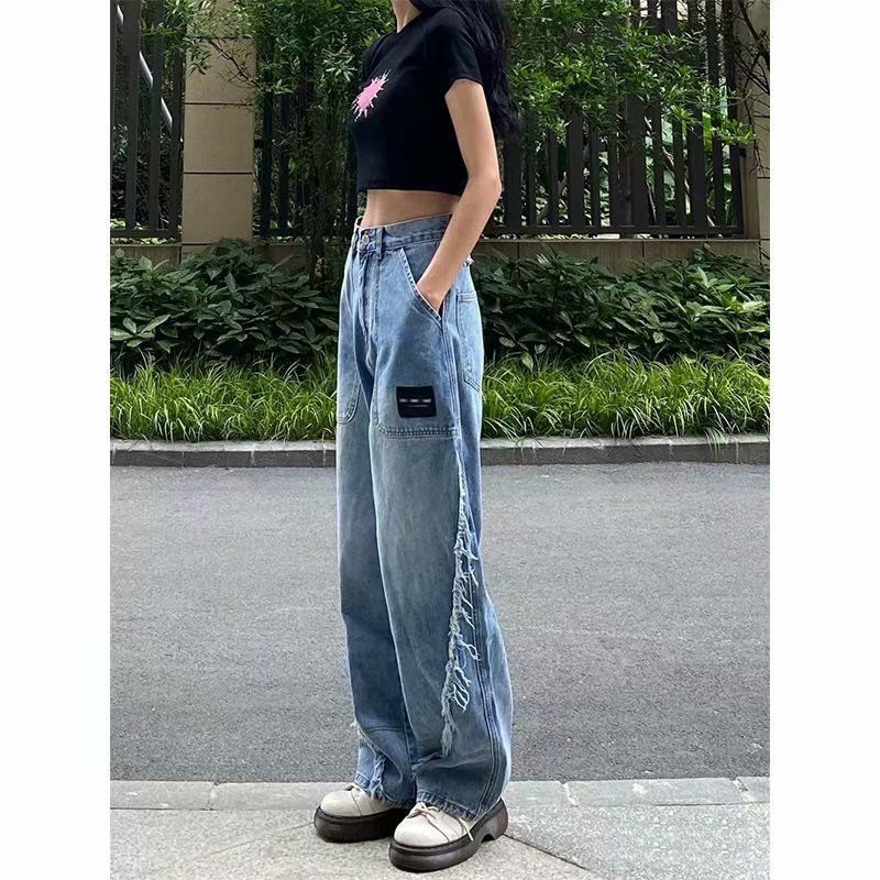 Red Eropa dan Amerika Splicing Retro Jeans Wanita Musim Gugur Bagian Tipis Rasa Desain Tinggi dan Tipis Lebar Mengepel Celana In Tide