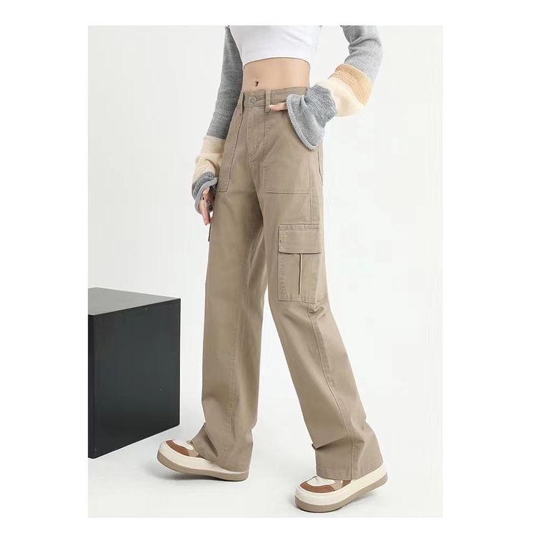 Red Celana jins netral berkaki lebar Amerika dengan gaya high street high waist all-match khaki retro celana lurus kasual