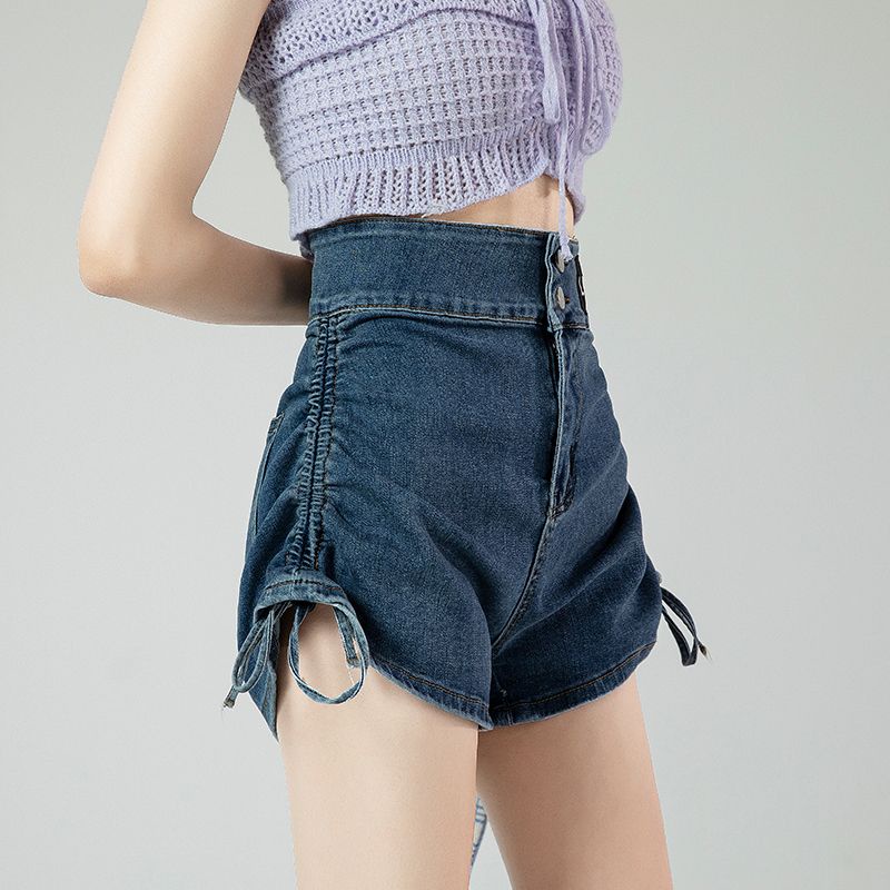 Red Celana pendek denim pinggang tinggi wanita musim panas tipis tali serut rasa desain a-line kaki lebar terlihat tipis dan kecil hot girls hot pants ins