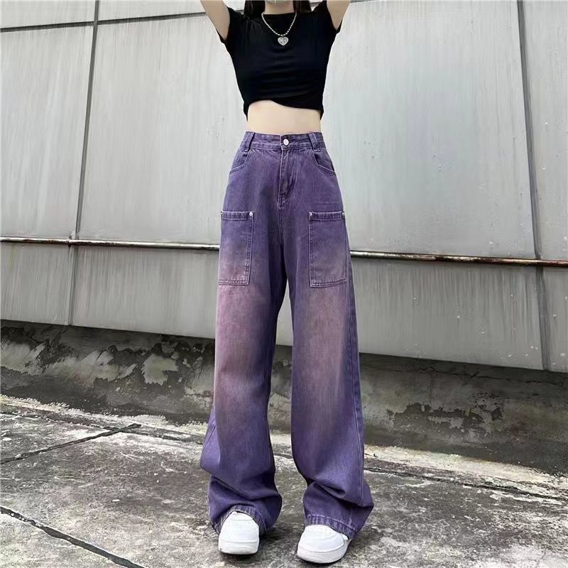 Red Tide brand American high street retro jeans ungu dicuci longgar trendy slim straight wide leg pants ukuran besar celana panjang