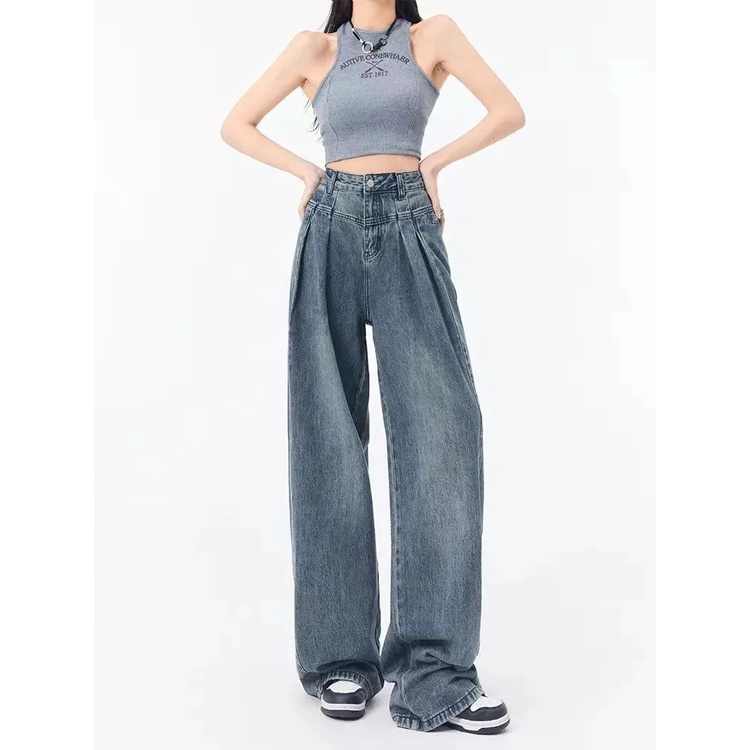 Red American retro high-waisted wide-leg jeans wanita musim semi dan musim panas longgar tabung lurus tipis berbentuk buah pir sosok malas mengepel lantai