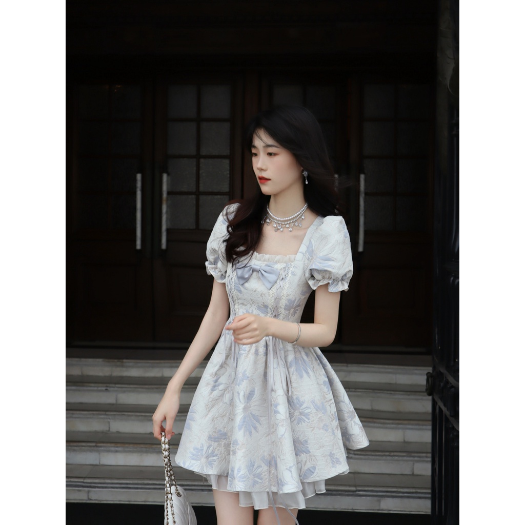 Red Chen Xi Si Ji tie-up bowknot square collar jacquard short dress untuk musim semi