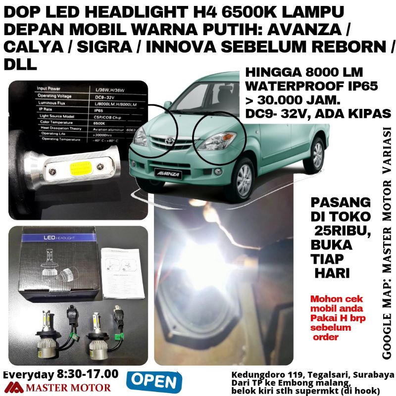 Lampu Depan LED Headlight H4 6500K 8000 LM Putih low high beam 36W 32V 2 pcs Lampu Dop Bohlam Mobil 