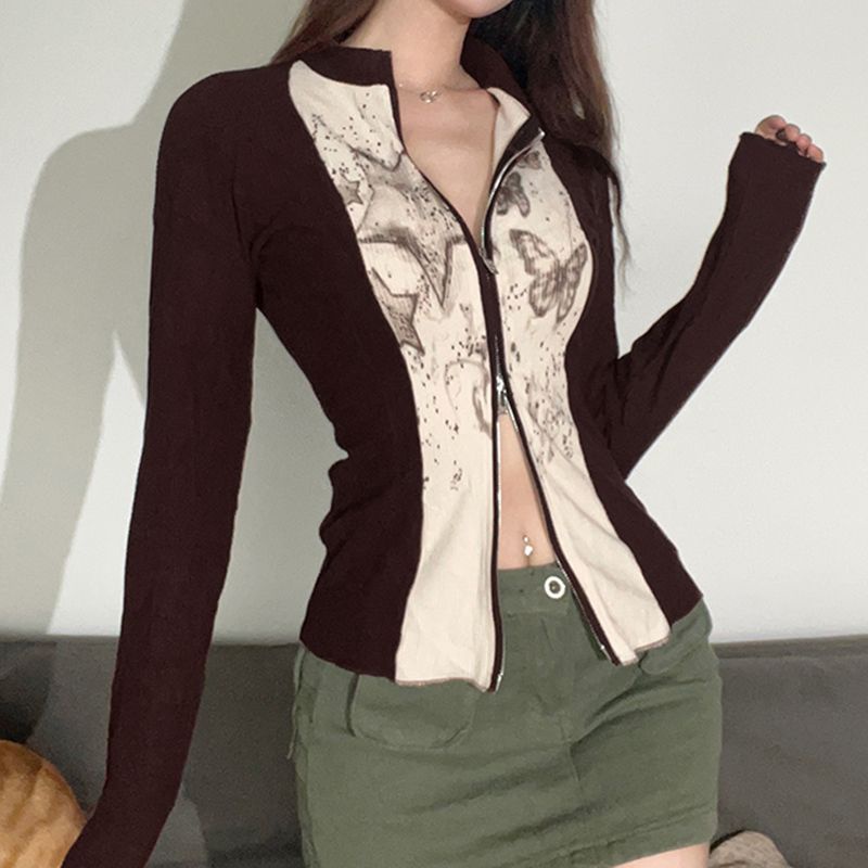 Red Retro Mekar Kupu-kupu Bintang Cetak Jahitan Lengan Ritsleting Lengan Panjang T-shirt Wanita Musim Gugur Rasa Desain Pinggang Slimming Top