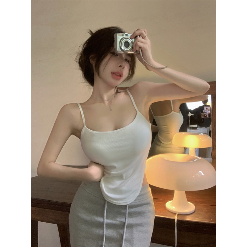 ㍿Suhao Irregular Inner Belt Pad Dada Tanpa Lengan Pakaian Luar Seksi Rompi Kecil Perempuan Musim Panas Ketat Hot Gadis Halter Sling Top crop top sexy tank top wanita motif