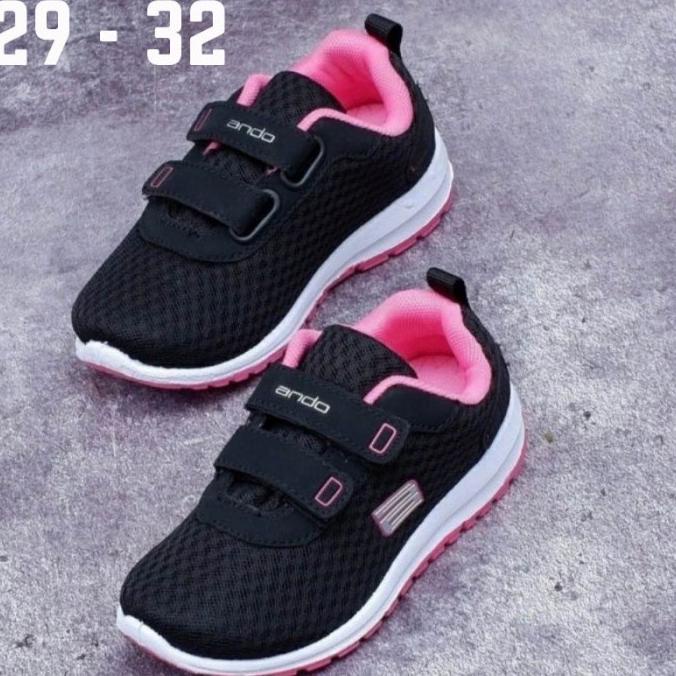Sepatu Sekolah ANDO Anak Perempuan PAUD TK SD Velcro Hitam Pink