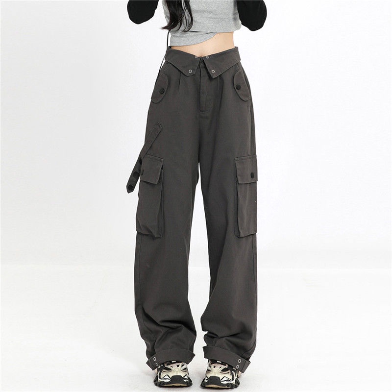 Red Amerika overall wanita musim panas jalan flap pinggang multi-saku desain all-match hot gadis lurus celana kasual pasang