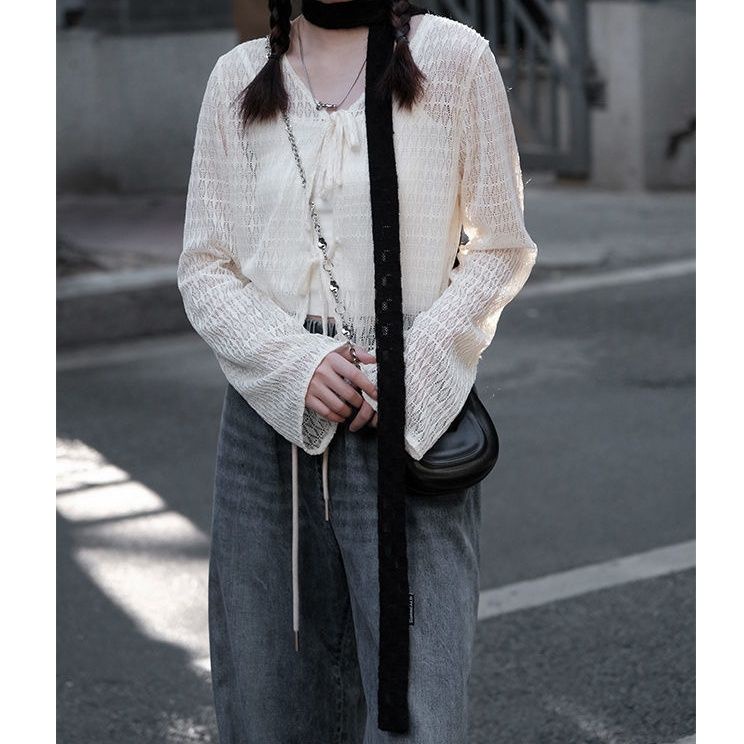 Red 2023 baru musim panas bagian tipis renda berongga dasi cardigan dengan es sutra pendek mesh perlindungan matahari kemeja lengan panjang