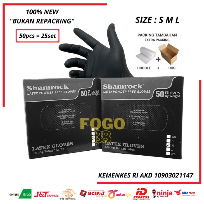 HAND GLOVE HITAM LATEX POWDER FREE - SHAMROCK
