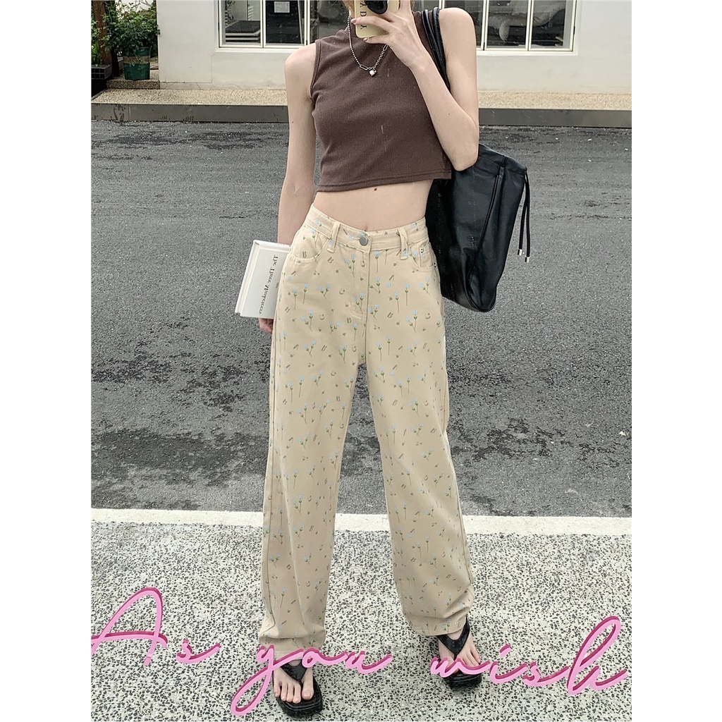 Slim retro aprikot bunga jeans lurus kasual wanita musim panas tinggi pinggang longgar lebar kaki celana mengepel celana