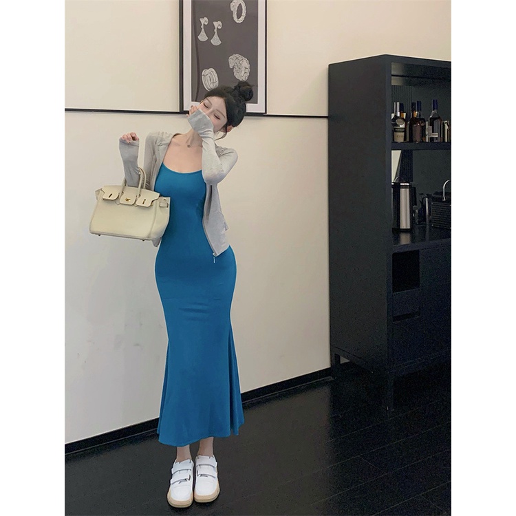 ▩☇✇Keinginan murni gaya suspender dress perempuan musim semi hot gadis tanpa lengan seksi pinggang slim fishtail mid-length rok tas pinggul rok