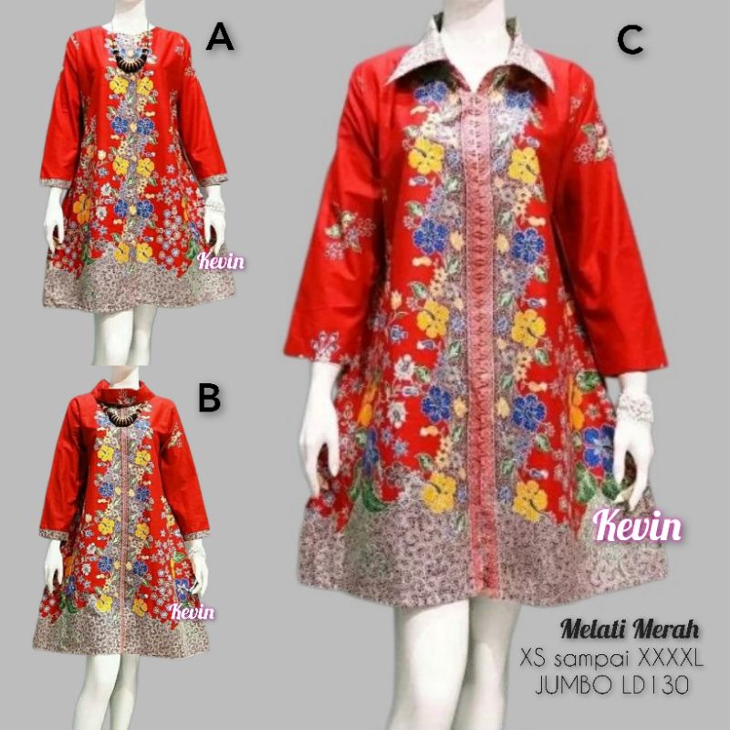 BATIK KEVIN _ Tunik Merah Atasan Batik Wanita Tunik Batik Wanita XS S M L XL XXL JUMBO