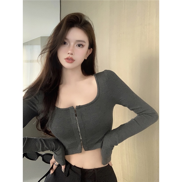 ☇☇#COD Suhao hot girl square collar long-sleeve t-shirt women s spring pure desire style sexy high waist tight slim short top bottoming shirt