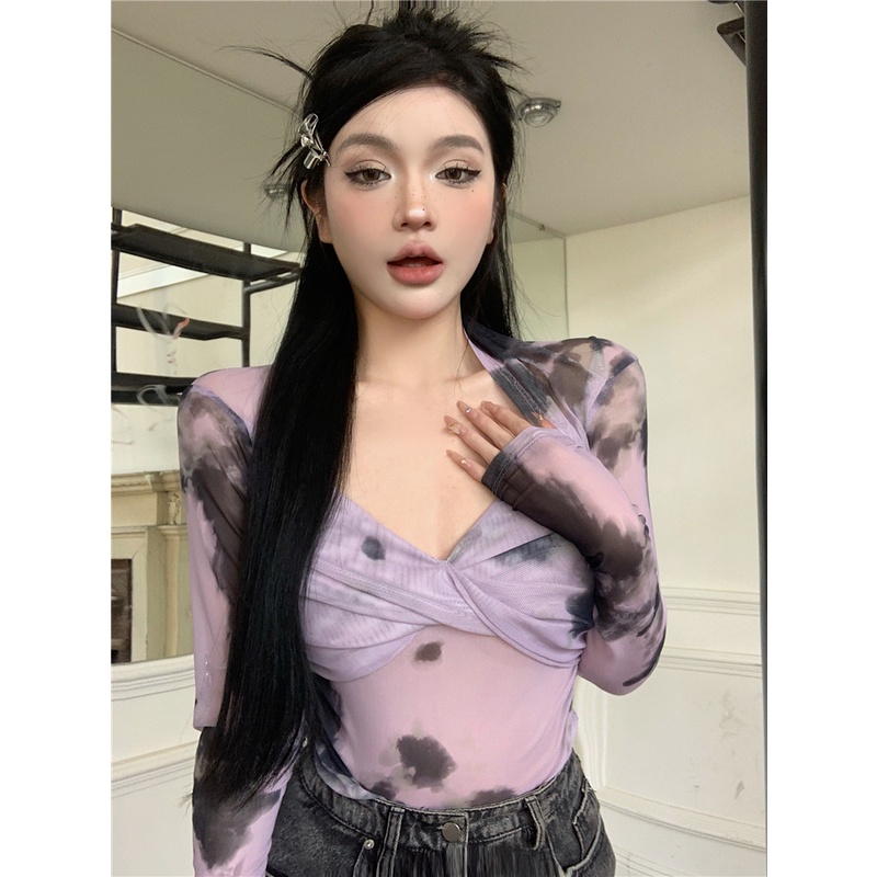 ♧▬◈#COD Suhao Hot Girl Tie-Dyed Mesh V-Leher Lengan Panjang T-shirt Wanita Musim Panas 2023 Perspektif Baru Slim Seksi ketat Tipis Top