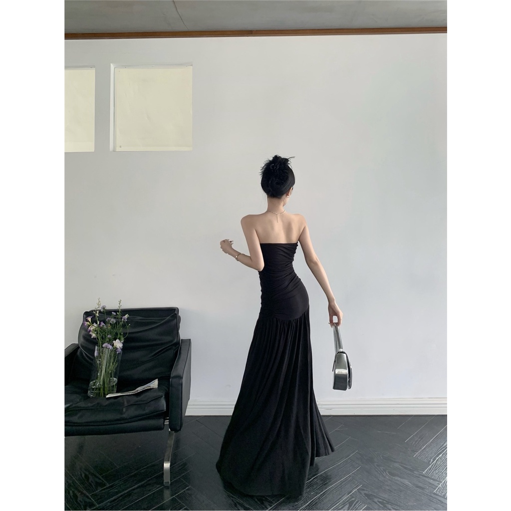 ◎Gaya Perancis hitam one-shoulder tube top dress wanita musim panas keinginan murni rok pinggang seksi slimming slim mid-length rok