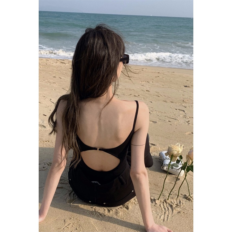 ▲◊#COD Suhao hitam backless tanpa lengan one-piece T-shirt perempuan musim panas hot girl sexy inner membangun slimming vest top bottoming shirt