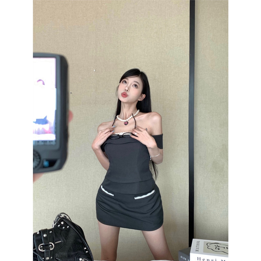 ◇☄#COD Suhao high-end sweet hot girl tube top vest top summer Korean drama heroine suit sexy bag hip skirt two-piece set