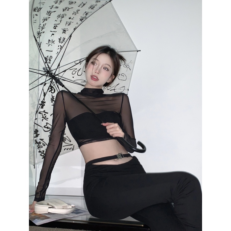 ♣#COD Suhao Pure Desired Mesh T-shirt Wanita Musim Panas Setengah Tinggi Kerah Hitam Hot Gadis Telanjang Seksi Slim Slim lengan Panjang Atasan Pendek