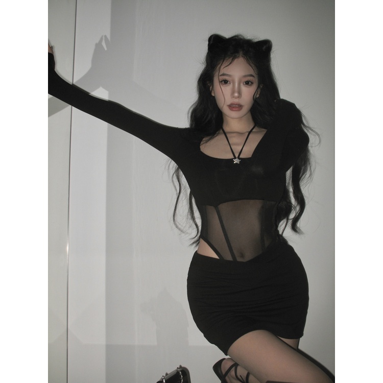 ﹊✳♧#COD Suhao hot girl black mesh stitching long-sleeve t-shirt women s summer hanging neck sexy slim fit one-piece top bottoming shirt