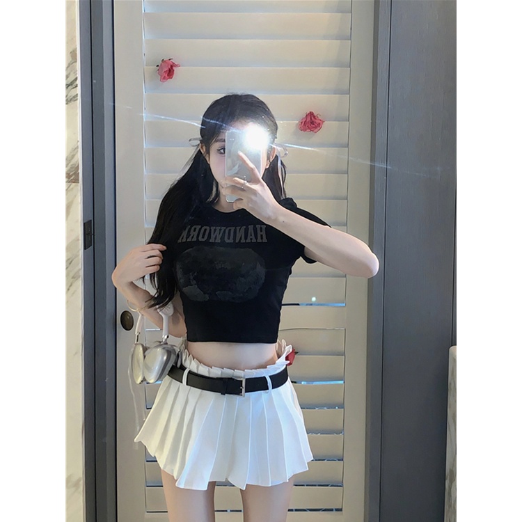 ∋#COD Suhao American letter printing T-shirt lengan pendek wanita musim panas desain sense niche slim slim short bottoming shirt top