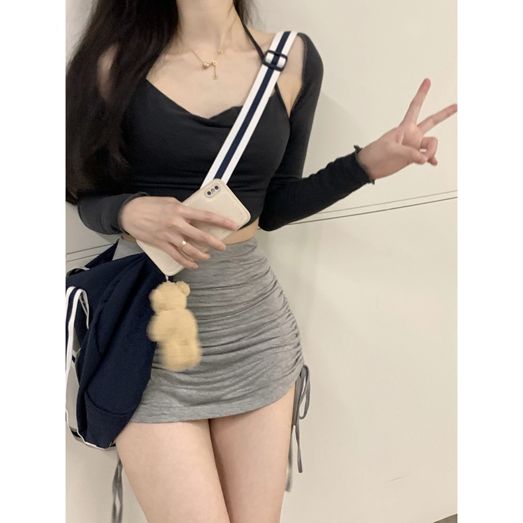 ☫﹉#COD Suhao Pure Desire Angin Rompi T-shirt Wanita Musim Panas Merah Muda Manis Gadis Panas Bagian Tipis Tabir Surya Lengan Panjang dan Set Dua Potong Atasan Pendek