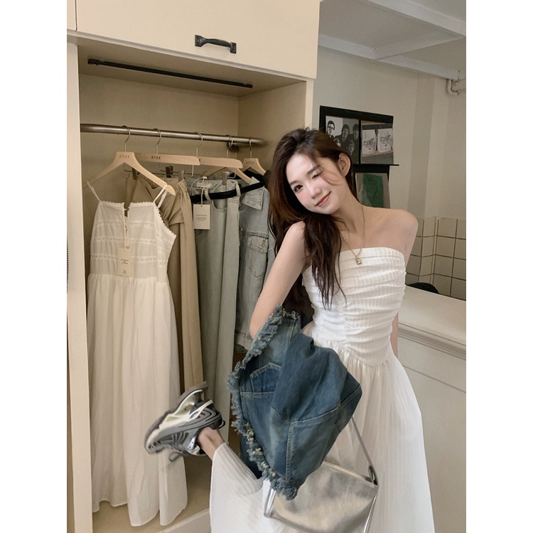 ∏△#COD Suhao French tube top dress ulang tahun musim panas wanita rok panjang high-end putih panas gadis pinggang pinggang temperamen rok a-line