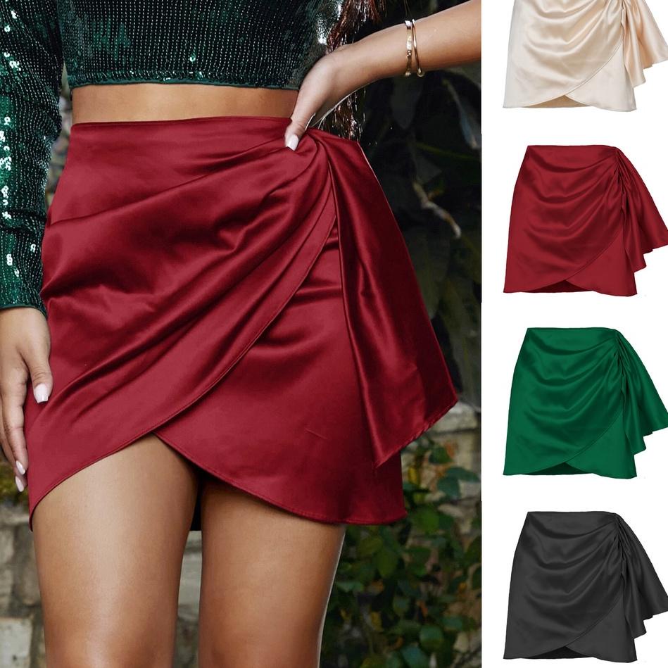Sekarang Irit Women Satin Asymmetrical Draped Side Mini Skirt Rok Pendek Satin Wanita 2027(S-XL)
